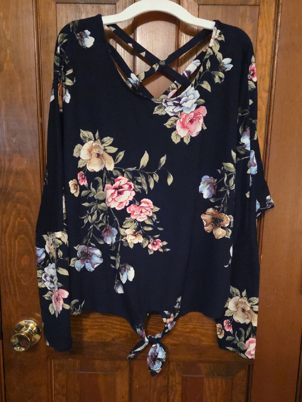 Floral Tie-Front Long-Sleeve Top in Navy Blue